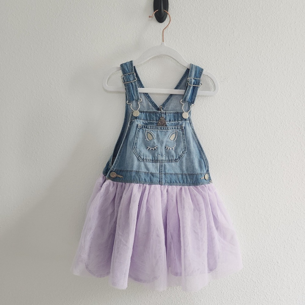 OshKosh Bgosh Girls 4T Denim‎ Unicorn Tutu Overall Dress Blue Purple